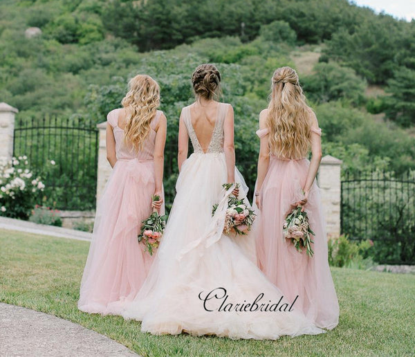 Pink Off The Shoulder Chiffon A-line Bridesmaid Dresses, Wedding Guest Dresses