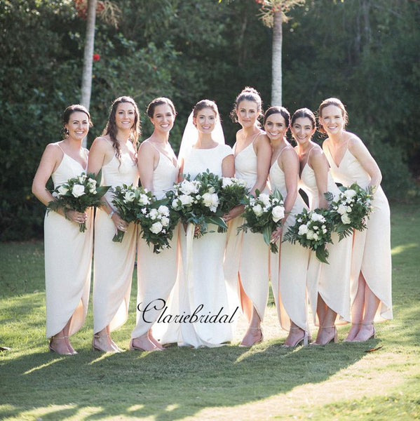 Spaghetti Straps Slit Bridesmaid Dresses, Unique Bridesmaid Dresses