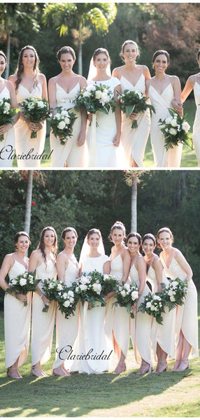 Spaghetti Straps Slit Bridesmaid Dresses, Unique Bridesmaid Dresses