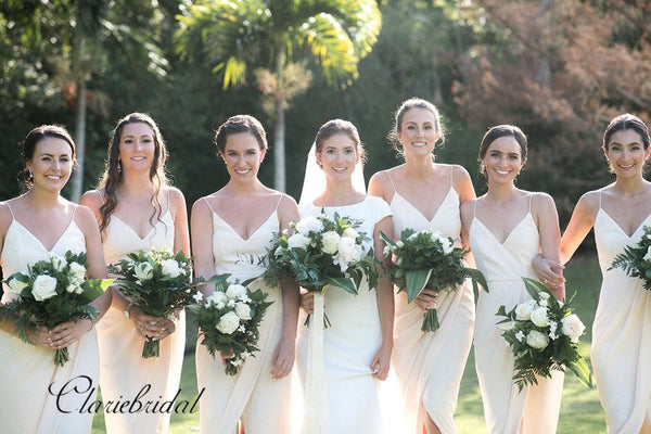 Spaghetti Straps Slit Bridesmaid Dresses, Unique Bridesmaid Dresses