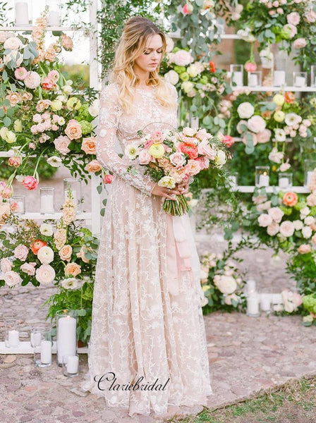 Long Sleeves Popular Lace Wedding Dresses, Elegant A-line Wedding Dresses