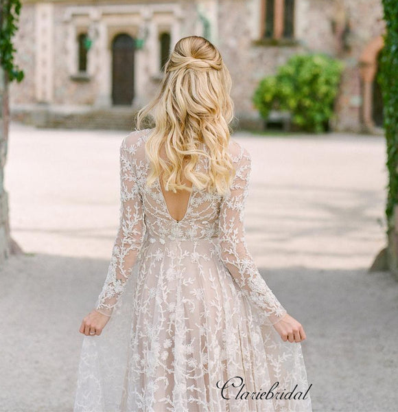 Long Sleeves Popular Lace Wedding Dresses, Elegant A-line Wedding Dresses