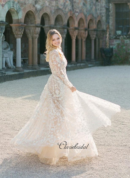 Long Sleeves Popular Lace Wedding Dresses, Elegant A-line Wedding Dresses