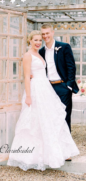 Straps V-neck A-line Wedding Dresses, Elegant Lace Bridal Gowns