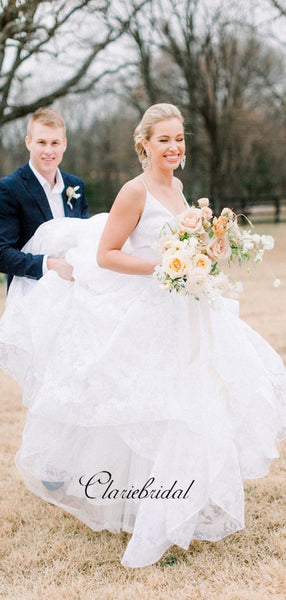 Straps V-neck A-line Wedding Dresses, Elegant Lace Bridal Gowns