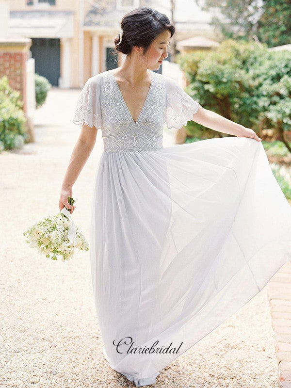 Elegant Appliques Bridesmaid Dresses, V-neck Lace Bridesmaid Dresses