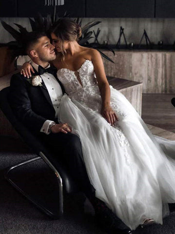 A-line Strapless Tulle Wedding Dresses, Lace Sweetheart New Bridal Gowns