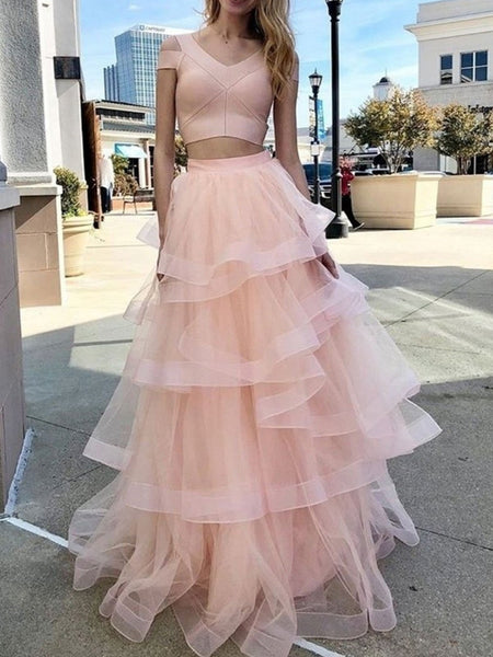 Two Pieces Fluffy Newest Prom Dresses, Tulle A-line Prom Dresses