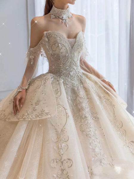 High Quality Off The Shoulder Luxury Bridal Gowns, A-line Lace Popular Wedding Dresses