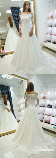 Off Shoulder 3/4 Sleeves Lace Tulle Lace Up Long Wedding Dresses