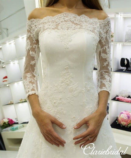 Off Shoulder 3/4 Sleeves Lace Tulle Lace Up Long Wedding Dresses