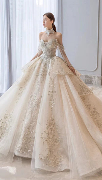 High Quality Off The Shoulder Luxury Bridal Gowns, A-line Lace Popular Wedding Dresses