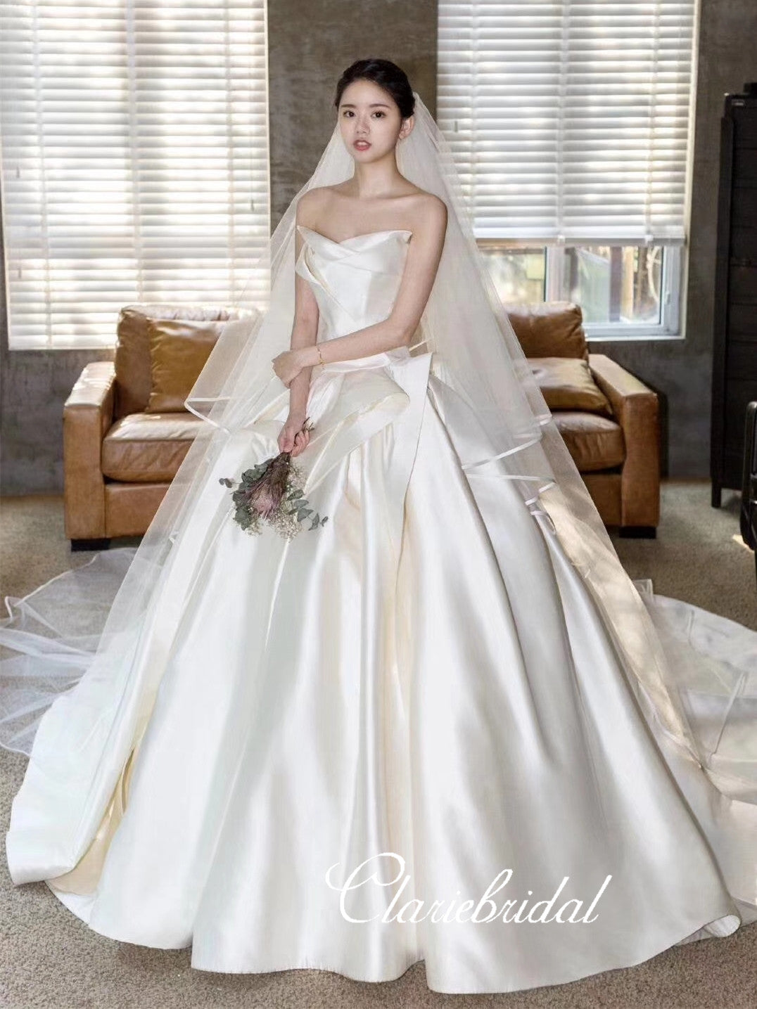 Strapless Long Ball Gown Wedding Dresses, Ivory Satin Wedding Dresses, ClaireBridal Strapless Long Ball Gown Wedding Dresses, Ivory Satin Wedding Dresses, ClaireBridal