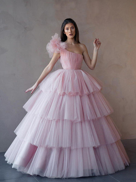 One Shoulder Pink Layers Tulle Prom Dresses, Ball Gown Prom Dresses, 2021 Prom Dresses, Popular Prom Dresses