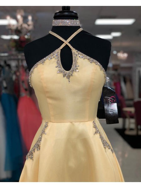 Keyhole Long A-line Yellow Satin Prom Dresses, Beaded Detail Prom Dresses, Popular Prom Dresses