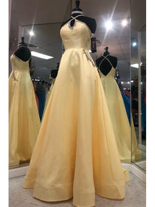 Keyhole Long A-line Yellow Satin Prom Dresses, Beaded Detail Prom Dresses, Popular Prom Dresses