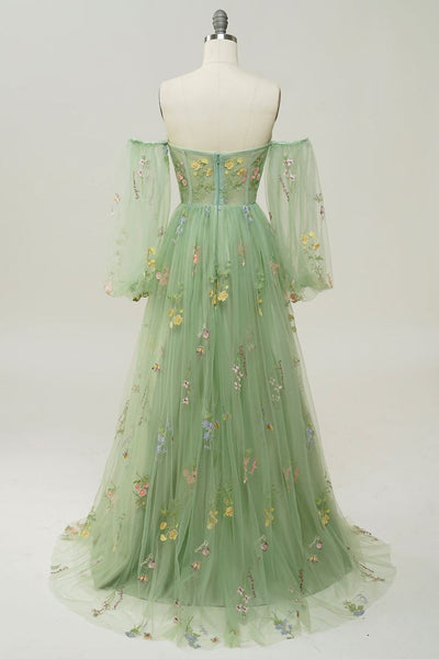 Corset Green Floral A-line Prom Dresses With Detachable Sleeves, Popular 2023 Prom Dresses, Beachy Prom Dresses
