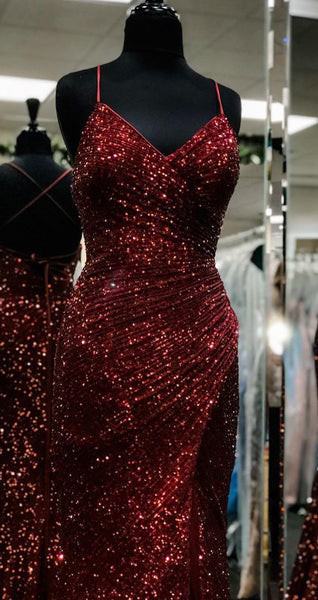 V-neck Sequin Long Prom Dresses, Burgundy Prom Dresses, Long Prom Dresses