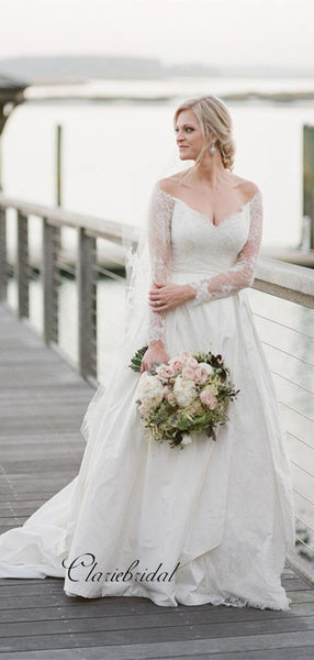 Lace Long Sleeves Wedding Dresses, A-line Stain Wedding Dresses