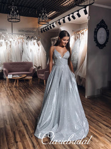 Straps Long A-line Silver Shemmering Prom Dresses, Lovely Prom Dresses, Long Prom Dresses