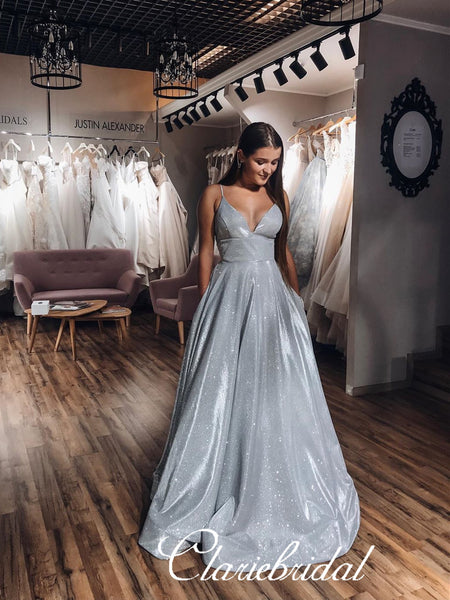 Straps Long A-line Silver Shemmering Prom Dresses, Lovely Prom Dresses, Long Prom Dresses
