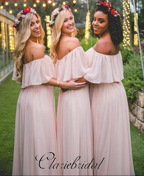 Off Shoulder Blush Pink Chiffon Long Bridesmaid Dresses