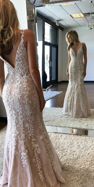 V-neck Lace Tulle Beaded Prom Dresses, Popular Prom Dresses, Long Prom Dresses