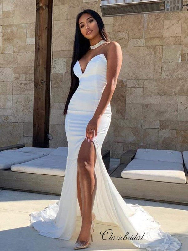 Strapless Sexy Long Prom Dresses, Mermaid Slit 2020 Prom Dresses, Newest Prom Dresses