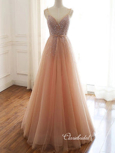 A-line Tulle Elegant Prom Dresses, Beaded Long Prom Dresses