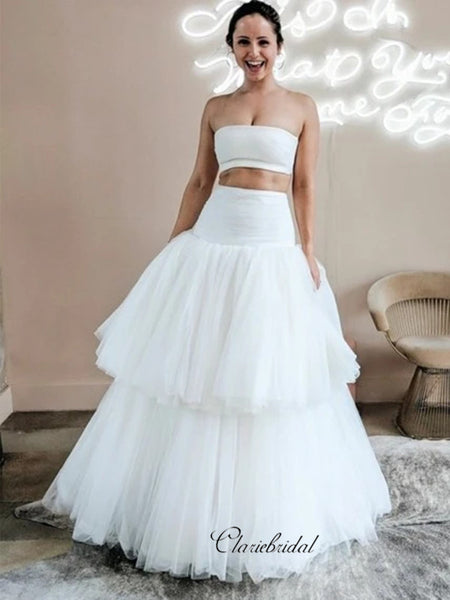 Two Pieces Tulle A-line Long Wedding Dresses, Simple Wedding Dresses