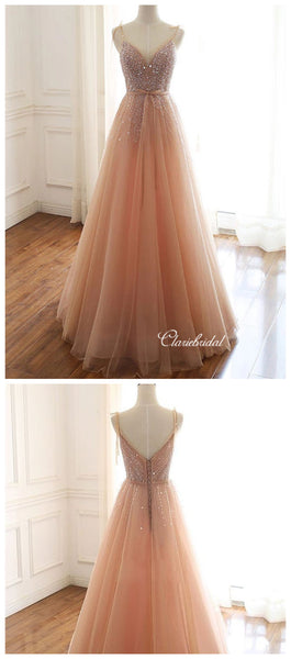 A-line Tulle Elegant Prom Dresses, Beaded Long Prom Dresses