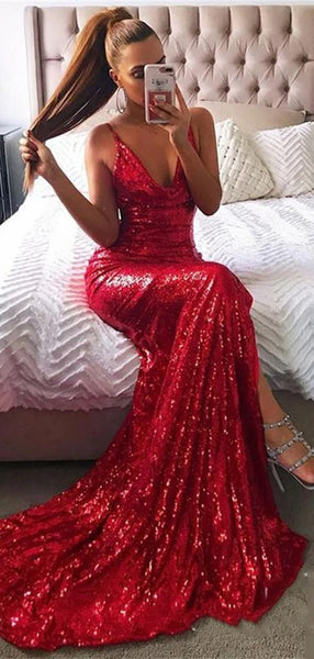 Deep V-neck Sexy Long Prom Dresses, Sequins Mermaid 2020 Newest Prom Dresses