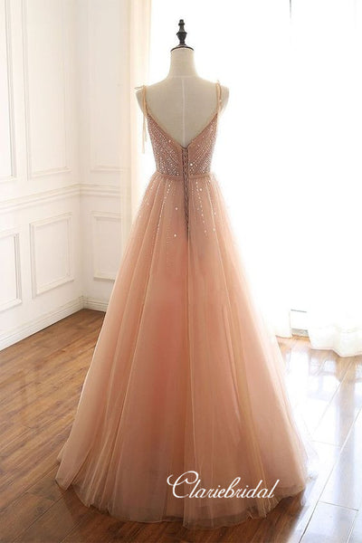 A-line Tulle Elegant Prom Dresses, Beaded Long Prom Dresses