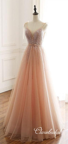 A-line Tulle Elegant Prom Dresses, Beaded Long Prom Dresses