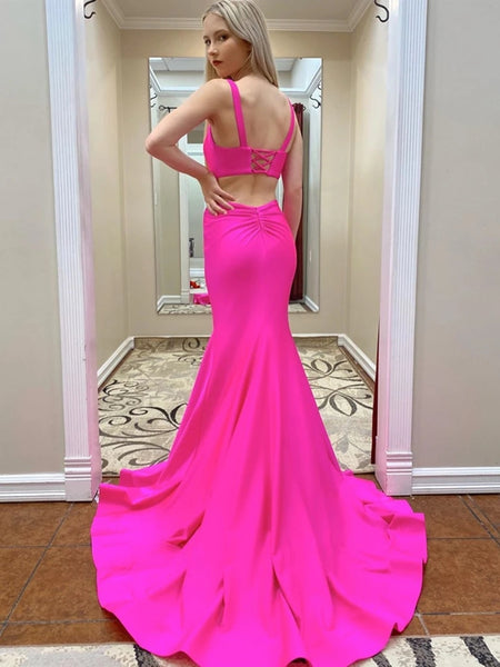 Straps Hot Pink Long Mermaid Prom Dresses, Newest Prom Dresses, Long Prom Dresses