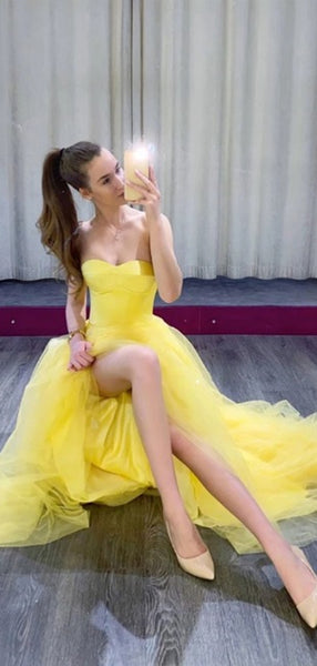 Strapless Simple Prom Dresses, Long Tulle Prom Dresses, 2020 Prom Dresses