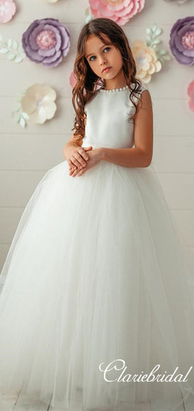 Round Neck Pearls A-line Tulle Satin Flower Girl Dresses