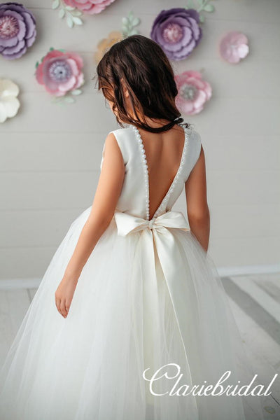 Round Neck Pearls A-line Tulle Satin Flower Girl Dresses