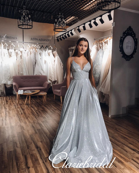 Straps Long A-line Silver Shemmering Prom Dresses, Lovely Prom Dresses, Long Prom Dresses