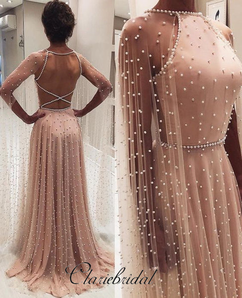 Open Back Tulle Beaded Long Prom Dresses, Unique Modest Prom Dresses