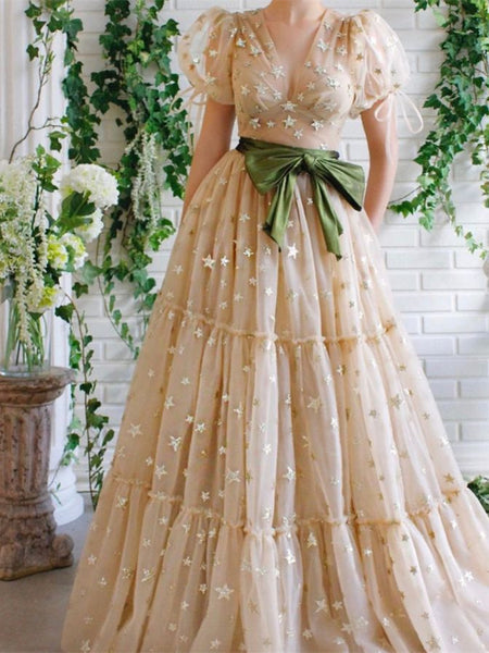 V-neck Champagne Star Tulle Prom Dresses, A-line Prom Dresses, Princess Dresses, 2023 Prom Dresses, Affordable Prom Dresses