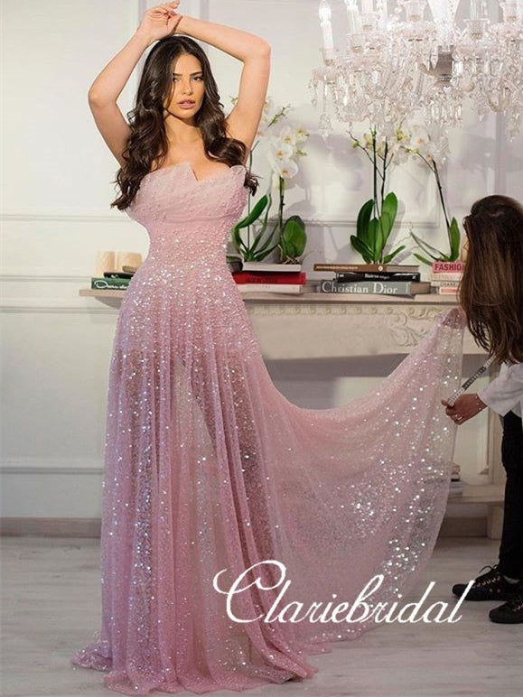 Chic Neckline Deisgn Pink Sequin Prom Dresses, See Through Prom Dresses, Sparkle Prom Dresses