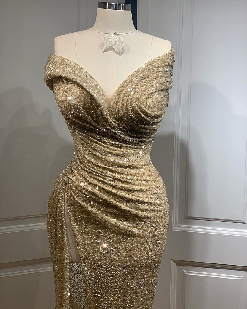 Strapless Champagne Gold Sequin Beaded Prom Dresses, Long Prom Dresses