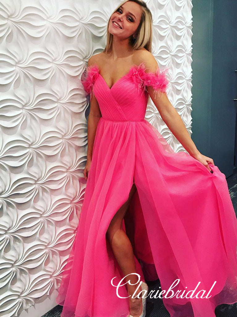 Off Shoulder Long A-line Hot Pink Tulle Prom Dresses, Lovely Prom Dres ClaireBridal Off Shoulder Long A-line Hot Pink Tulle Prom Dresses, Lovely Prom Dres ClaireBridal