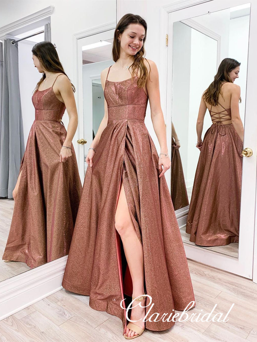 Straps Lace Up Shemmering Fabric Long Prom Dresses, 2020 Prom Dresses, Cheap Prom Dresses, Popular Prom Dresses