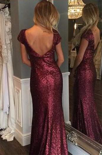 Cap Sleeve Long Sheath Sequin Bridesmaid Dresses, Wedding Part Dresses