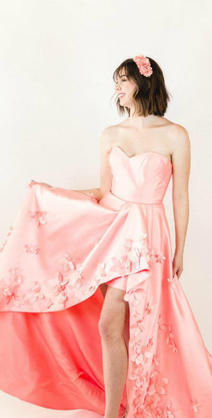 Sweetheart Hi-low Satin Prom Dresses, 3D Flowers Prom Dresses, Lovely 2020 Prom Dresses
