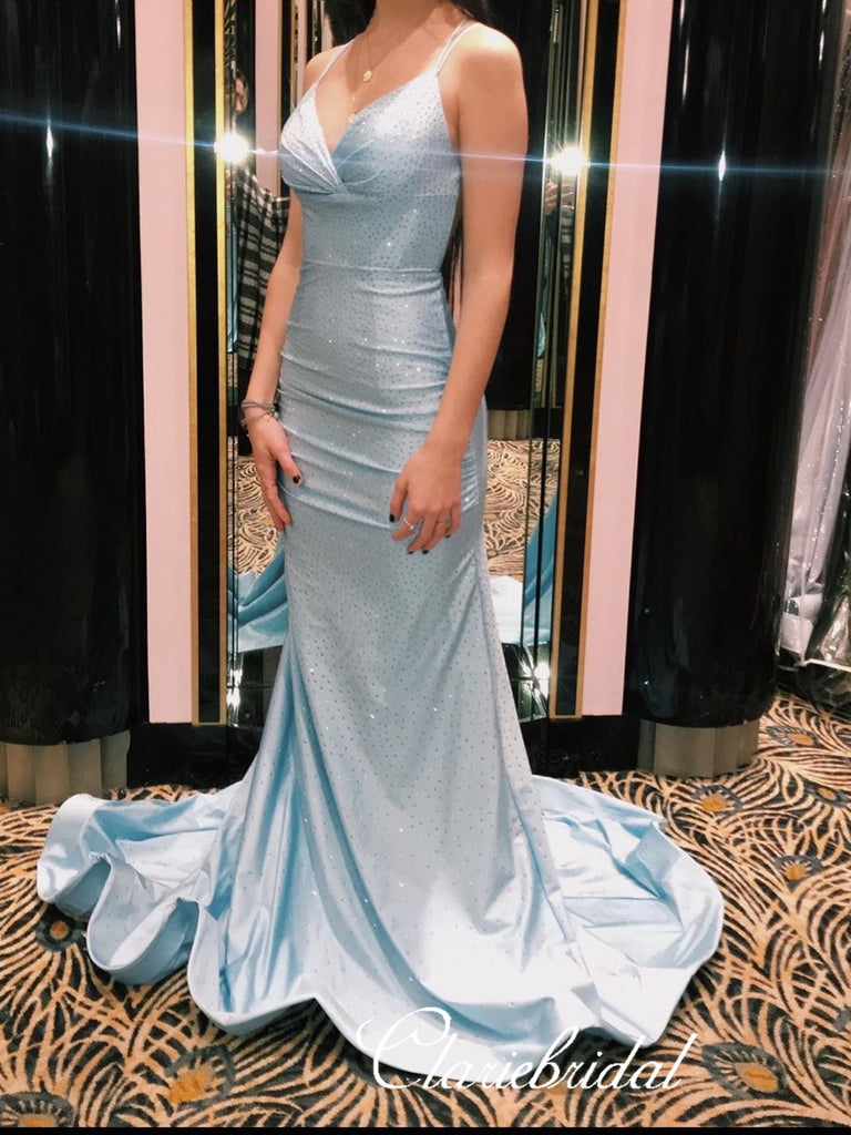 Spaghetti Long Mermaid Light Blue Satin Beaded Prom Dresses, Gorgeous –  ClaireBridal