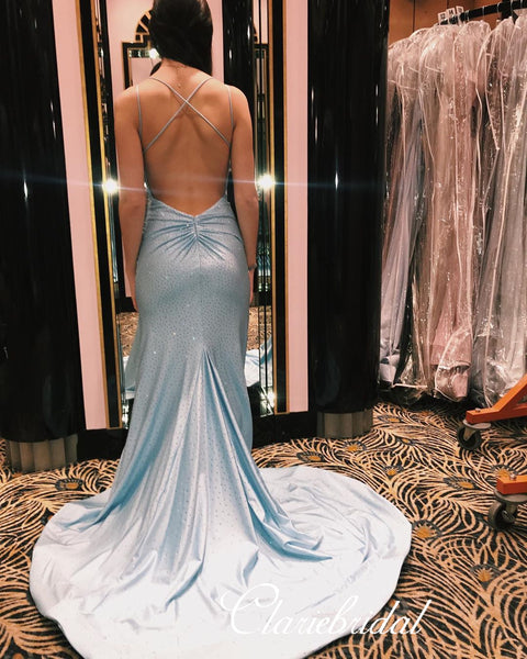 Spaghetti Long Mermaid Light Blue Satin Beaded Prom Dresses, Gorgeous Prom Dresses, 2020 Prom Dresses