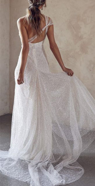 Gorgeous Sequin Tulle Long Sheath Wedding Dresses, Shiny Wedding Dresses, Bridal Gown, Luxury Prom Dresses